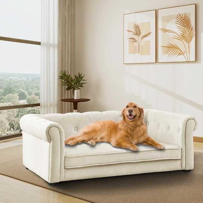Dog Sofa for Small & Medium Dogs | Removable & Washable | No Assembly Required | Breathable Linen Fabric | Soft Foam |Floor-friendly sofa legs | Beige