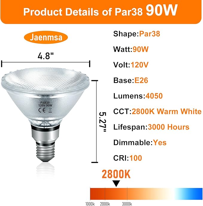PAR38 Halogen Floodlight Bulbs 90 Watt 120V, PAR38 Halogen Light Bulbs Dimmable 4 Pack for Indoor and Outdoor Flood Light, Reptile Heat Lamp Soft White 2800K, E26 Base Bulbs 4050LM