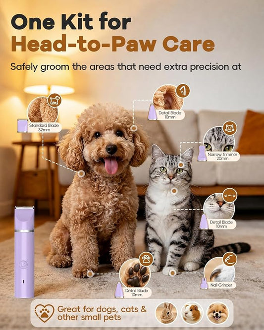 Veeconn Dog Grooming Clippers Kit-Electric Rechargeable Cat Trimmer Tools-Cordless Quiet Pet Nail Paw Grinder-4 in 1 Multifunctional Low Noise Shaver-Razor for feet Face Ears Toenail Eye