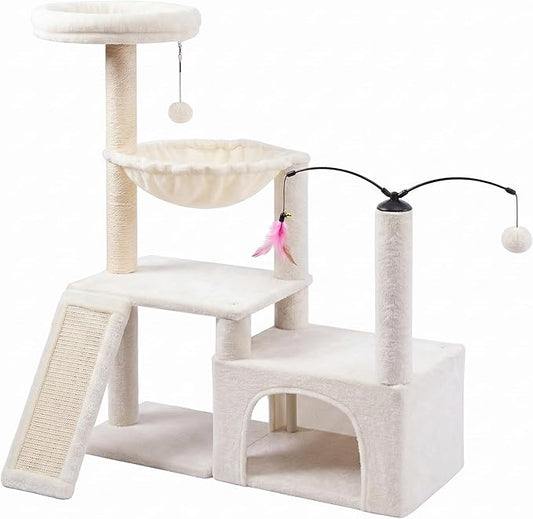 YUNIQUE Multi-Functional Cat Tree Tower, Big Cat Condo with Scratching Board, Rotating Toy & Deep Hammock, Luxury Perch Kitty Furniture for Indoor Cats (Beige)