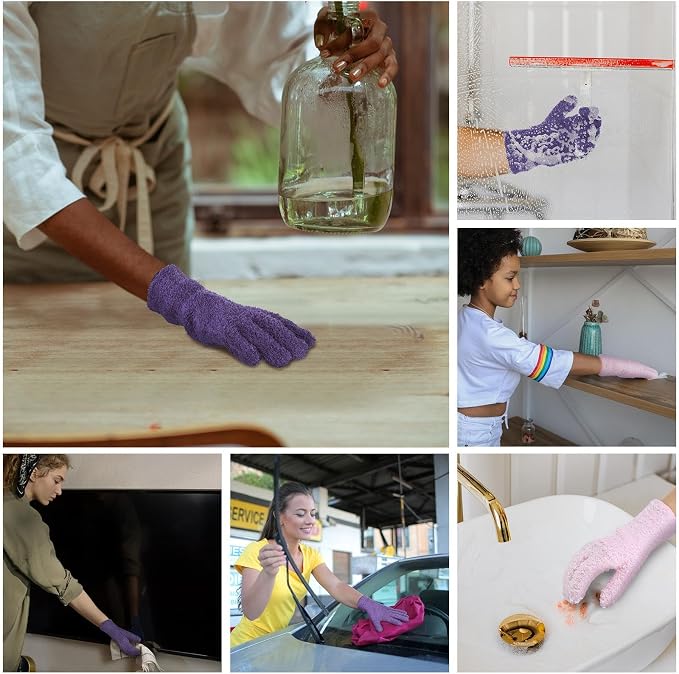 Patelai 2 Pairs Microfiber Gloves for plants Dusting Cleaning Glove Mittens House Cars Blinds Dusting(Pink, Violet,Large)