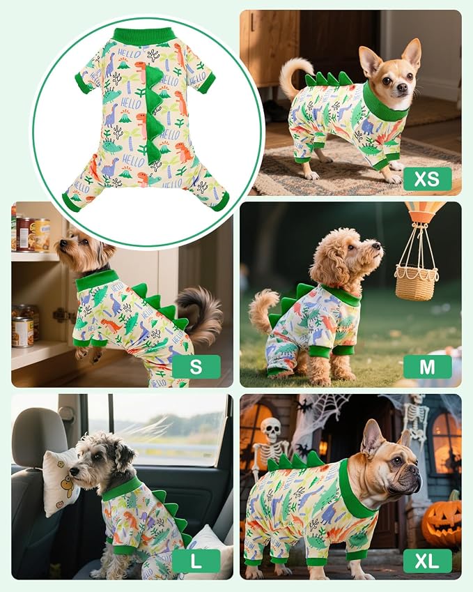CuteBone Dinosaur Costume Dog Pajamas, Stretchy Spandex Crystal Velvet Sleepwear Coat for Small Dogs, Soft & Warm Pet Outfit Clothes for Cold Weather, Cozy Pullover Design COSP15S