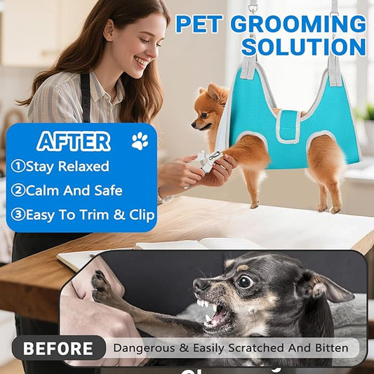 Supet Dog Grooming Hammock for Small Dogs, Dog Hanging Harness for Nail Trimming Doorframe, Pet Holder Restraint for Clipping Nails, Pet Hoist Sling for Cutting Nails at Home (Blue S)