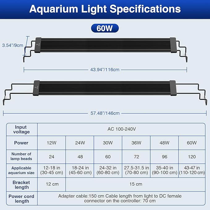 fishkeeper Aquarium Light, LED Fish Tank Lights with Auto Time Sync & 24/7, IP68 Waterproof Extendable Bracket DIY Full Sprctrum Aquarium Plant Lights with Timer/Dimming, Memory Function for 48-55inch