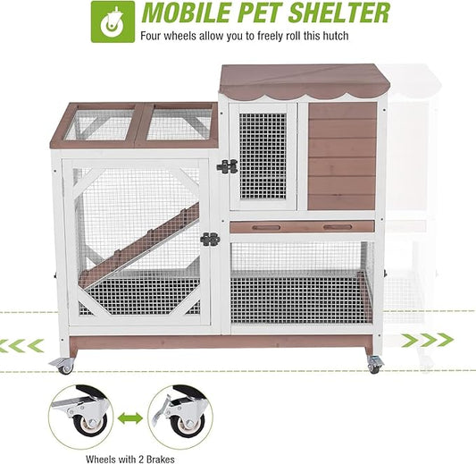 GUTINNEEN Rabbit Hutch Indoor Rabbit Cage with Wheels Outdoor Bunny House 2 Story Guinea Pig Cage with Leakproof Tarp Roof (Brown)