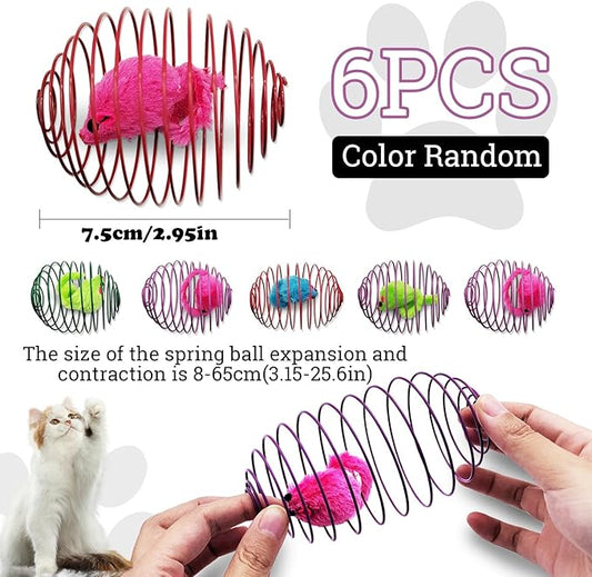 Andiker 6Pcs Cat Spring Toys, 3.9'' Colorful Cat Spring Balls with Mice Interactive Cat Toys Stretchable Metal Cage Balls Spring Cat Toy for Cats Swatting, Hunting Kitten Toys