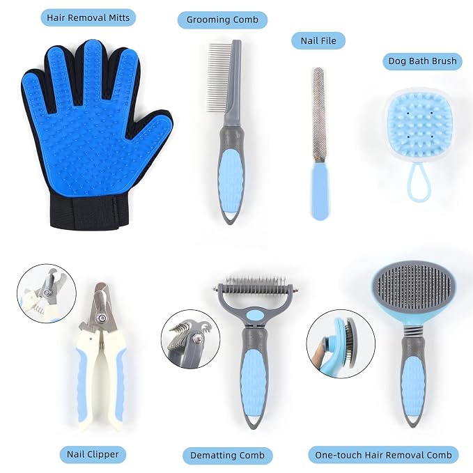 Wisedog Dog Grooming Kit, Upgraded Blue, 7PCS | Cat Nail Clipper with Nail File, Dematting Comb for Dogs, Flea Comb, Bath Brush, Hair Removal Mitts
