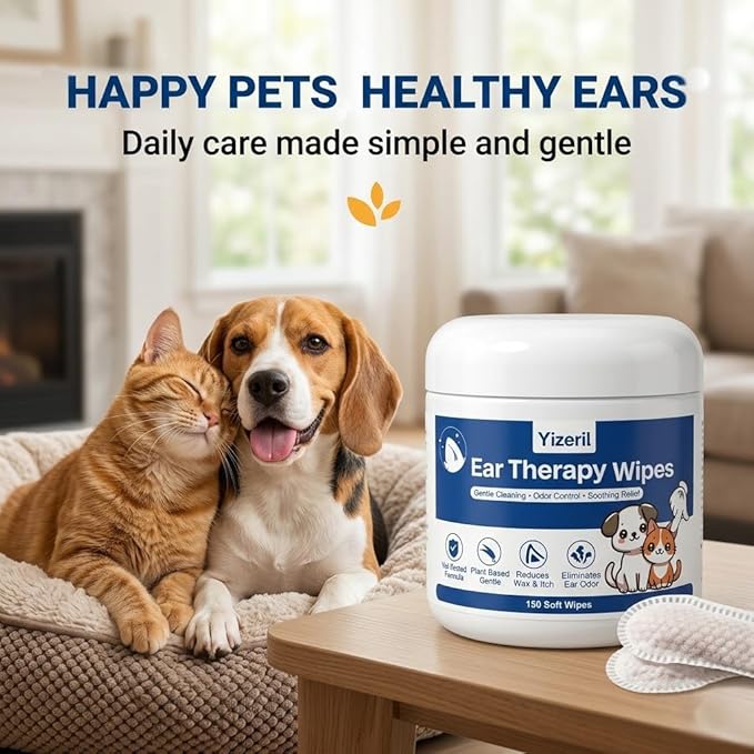 Dog Ear Wipes - 150 Count Finger Ear Cleaner for Cats, Alcohol Free Plant Based Ear Cleaning, Remove Wax Dirt Odor