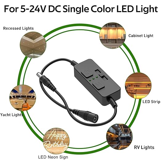 AIBOO Single Color Slider Dimmer with Timer - PWM 1pc DC 5V/12V/24V LED Controller, 36W Max, Slide Brightness Control & Auto-Off for LED Strip Lights, Closet, Counter, Aquarium Lighting (Black)
