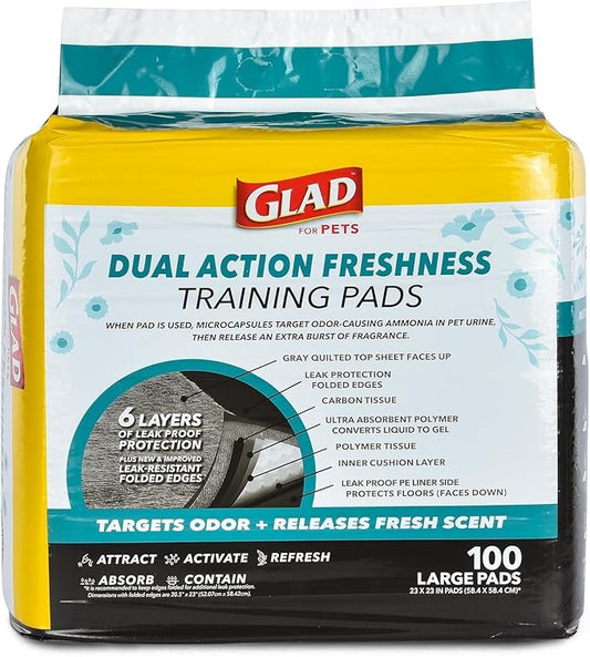 Glad for Pets Dual Action Freshness Activated Carbon Puppy Pads, Fragrance Release, Scented Odor Control, 6-Layer Leak-Proof, Pheromone Attractant, 23 x 23 Inch, 100 Count - 2 Pack