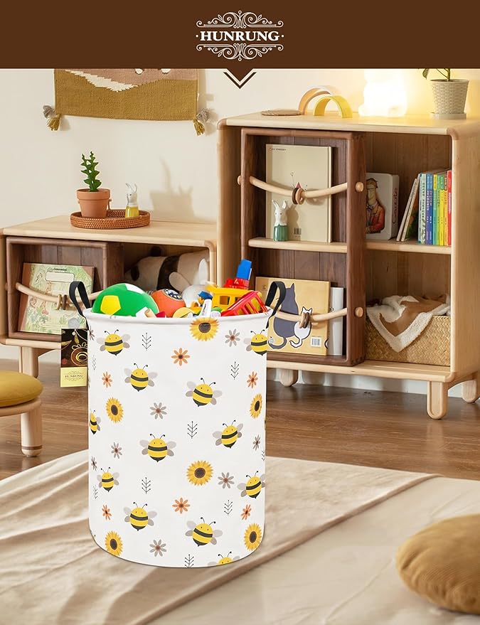 Collapsible Fabric Storage Basket, Waterproof Laundry Hamper with Handles, Round Storage Bin for Clothes Toys, Foldable Organizer for Bedroom Nursery Bathroom(Round-Bee)