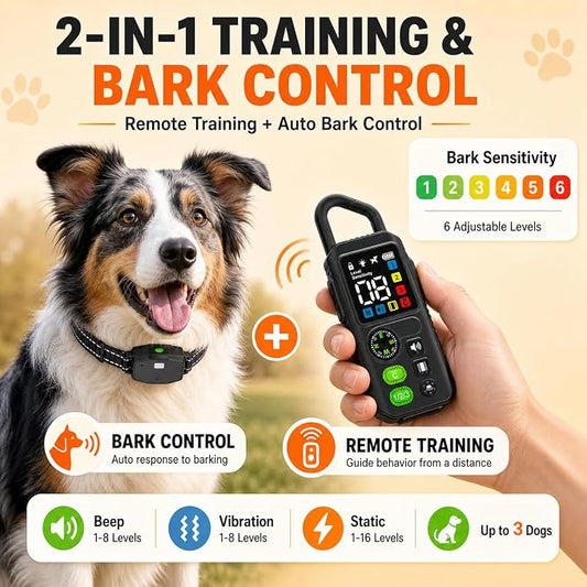 2-in-1 Dog Shock Collar & Bark Collar, 990FT Dog Training Collar with Remote, IPX7 Waterproof E Collar, 3 Training Modes, LED Light for Small Medium Large Dogs (8-120 lbs) - 2 Collar