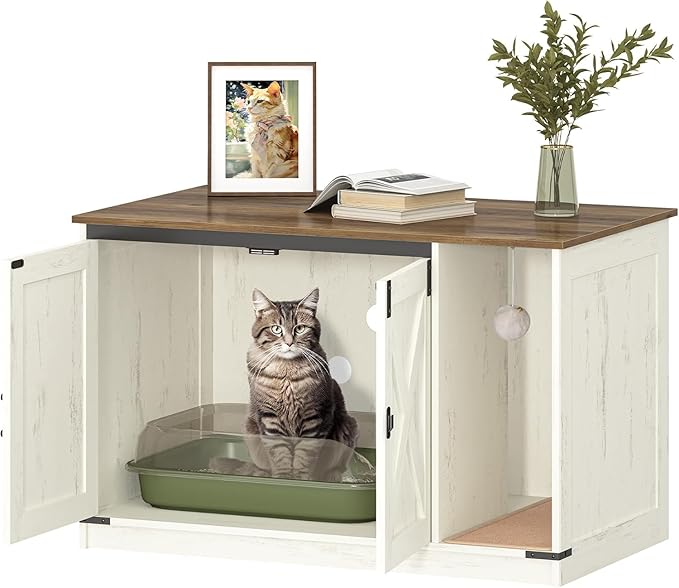 Hzuaneri Cat Litter Box Enclosure, Hidden Litter Box Cabinet Furniture with Bell, Indoor Cats House, Farmhouse Style, 39.4 x 21.7X 24.8 Inches for Hallway, Bedroom, Rustic Brown and White CB85214X