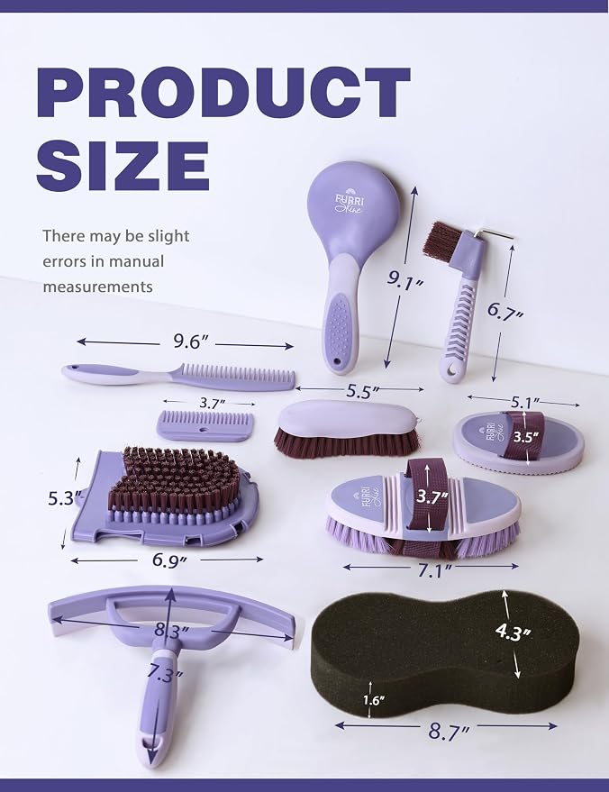 11-Piece Professional Horse Grooming Kit with Waterproof Tote Bag, Non-Slip Silicone Grip Brush Set, Curry Comb, Hoof Pick & Mane Comb Sugar Taro