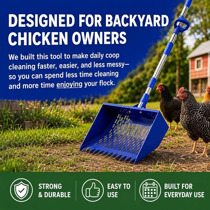 Chicken Poop Scooper with 74" Adjustable Handle – Heavy Duty Metal Chicken Coop Cleaner, 10.2" Wide Sifting Scoop with Built-in Rake & Hook for Sand, Pine Shavings & Manure