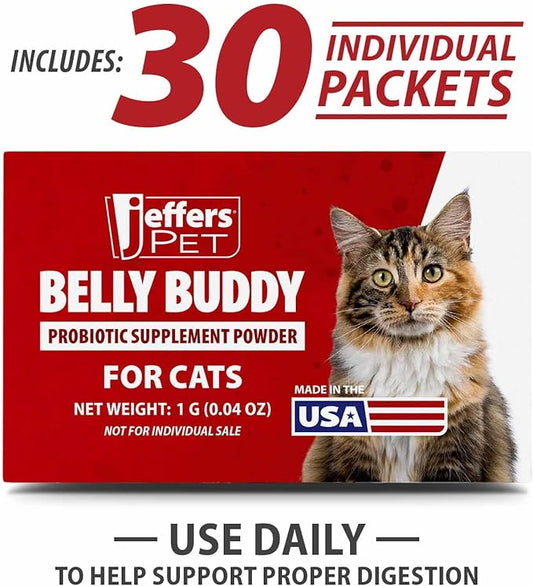 Jeffers Belly Buddy Cat Probiotic Powder Packets, 30 Count - Veterinary Formulated, Four Probiotic Strains & Vitamins for Gut Health, Diarrhea & Digestive Balance, Chicken Liver Flavor, USA Made