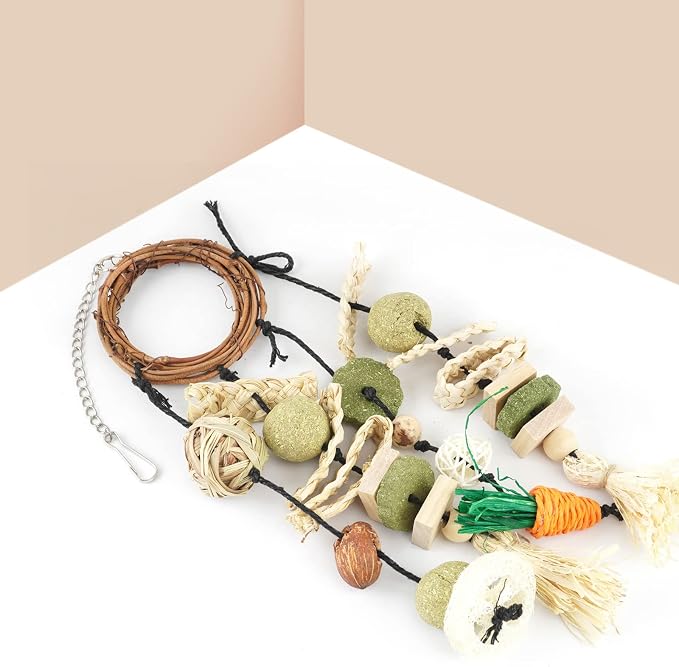Bissap Bunny Chew Toy, 2 Packs Rabbits Cage Hanging Chew Toys and Treats Rattan Ring with Snacks for Guinea Pigs Chinchillas Hamsters Rats and Other Small Pets Teeth Grinding