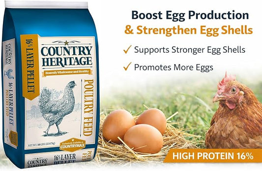 Country Heritage Hen Egg Layer Pellet 50lbs - 16% Protein Chicken Feed for Increased Egg Production & Strong Eggshells, High Protein
