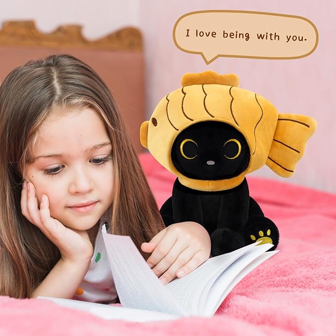 Fish Stuffed Animal Cat Plush, 8inches Black Cat Plush with Brown Taiyaki Hood Removable, Kawaii Stuffed Kitten Doll Toy Cute Plushies for Girls Kids Boys,Christmas Birthday Gifts