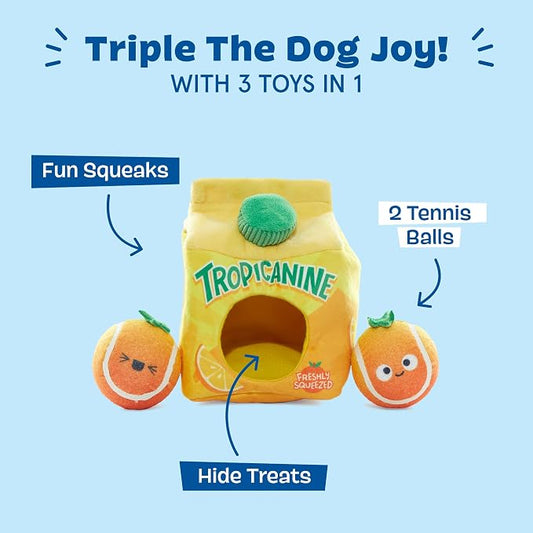 BarkBox Fresh Squeaked OJ Dog Toy – 2-in-1 Plush Toy with Crinkle Carton & Squeaky Tennis Balls – Interactive Fetch & Treat-Hiding Toy for Medium Dogs