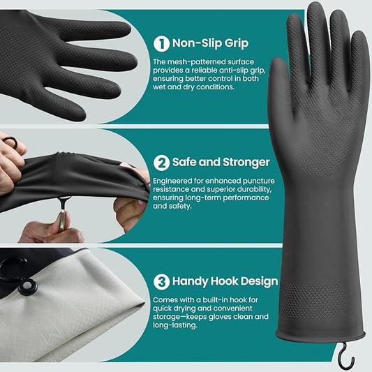 4 Pairs Rubber Dishwashing Gloves with Hanging Hooks - Reusable Cleaning Gloves for Kitchen & Household, Non-Slip, Durable and Flexible (Large, 4 Colors: Black, Pink, Blue, Purple)