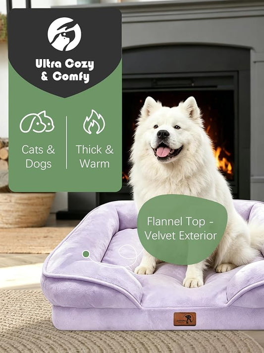 Spotted Play Orthopedic Dog Bed with Sides - Sofa Beds for Large Dogs, Supportive Foam Pet Couch Bed with Washable Removable Cover, Waterproof Lining and Non-Slip Bottom, Purple - L-Plus