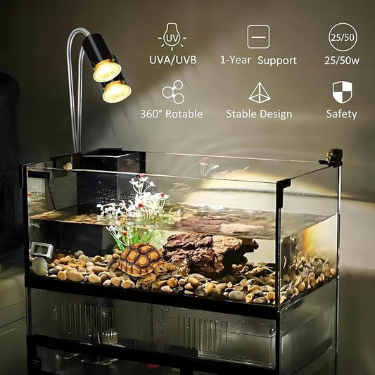 Turtle Heat Lamp for Reptile,UVA Light for Turtle,Bearded Dragon Basking Light Bulbs,Dimmable 360°Gooseneck Heating Lamp,with E26 Bulb (25W*2,50W*2)