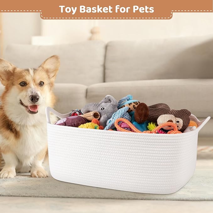 OIASKET Large Empty Gift Baskets for Baby Shower, 18.9" L x 13.8" W x 7.8" H Cute Woven Storage Basket with Gift Bags and Ribbons, Small Rope Toy Basket with Handles, Cat Dog Pet Toy Organizer - White