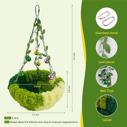 Admaison Bird Nest with Bell for Cage,Plush Hanging Bird Bed for Parakeet Indoor & Outdoor,Breeding Bird House for Conure,Budgie,Cockatiel,Lovebird,Canary,Finch,Hamster,Small Pets,Warm Nest,Green S