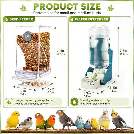 Rypet No Mess Bird Water Feeder Dispenser Set Automatic Bird Feeder Transparent Food Container Cage Acrylic Parrot Feeders Accessories for Small Birds Parrot Cockatoo Canary