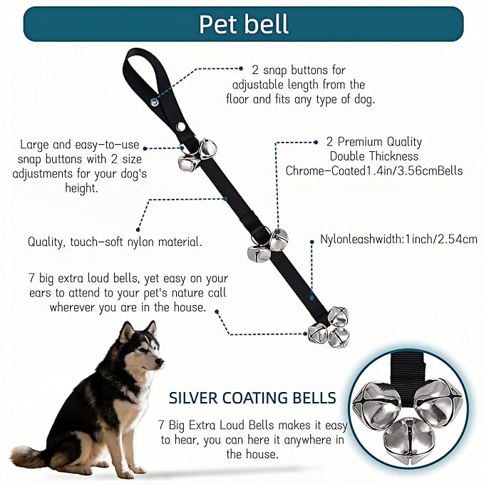 Dog Doorbell for Potty Training, Adjustable Length with 7 Extra Loud Bells, Black Nylon Strap with Metal Bells, 31-33 Inches