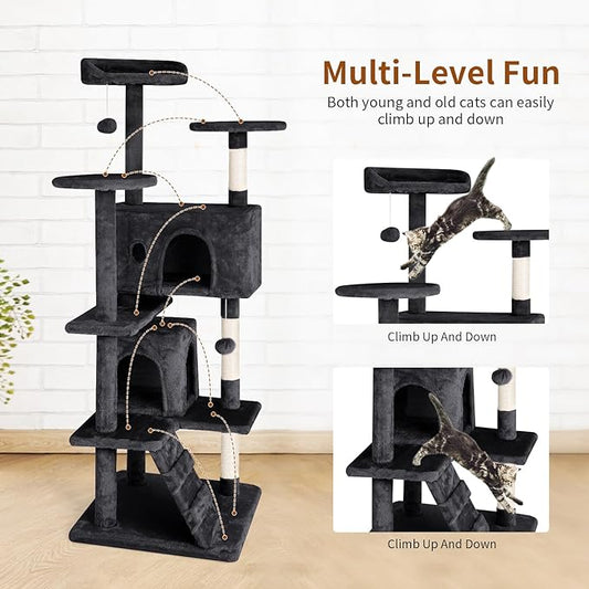 PayLessHere Cat Tree 54in Cat Tower with Cat Scratching Post,Multi-Level Cat Condo Stand House Furniture Kitty Activity Center with Furry Ball Toys Cat Tree for Indoor Cats (54in, Dark Grey)