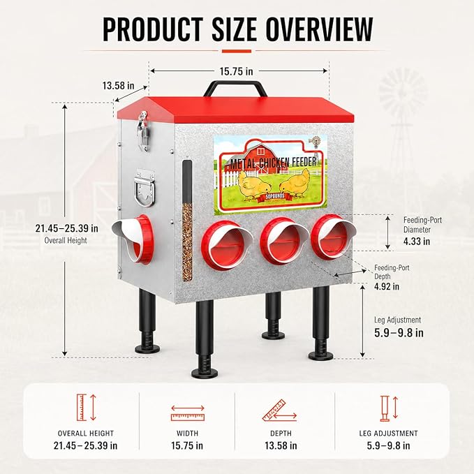 50LBS Metal Chicken Feeder Dispenser with Lid, Adjustable Legs, 8 Feeding Ports, No-Waste & Rodent-Proof Design, Visual Feed Level Indicator, Durable Outdoor Poultry Feeder for Chickens, and Geese