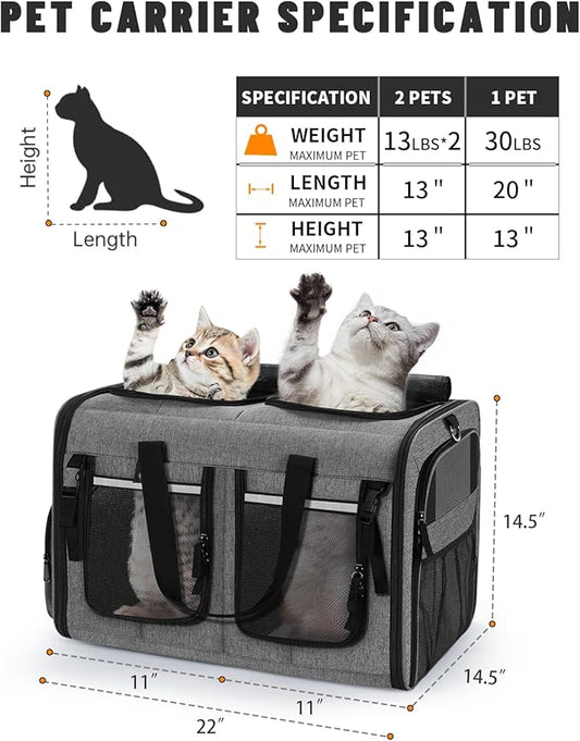 Cat Carrier for 2 Cats, Foldable Double Cat and Dog Carrier, Small to Medium Size, 2 Front Zippered Compartments,Two Pets Carrier for Travel,Mulitple Cat Carrier (Dark Gray with Flat Pocket)