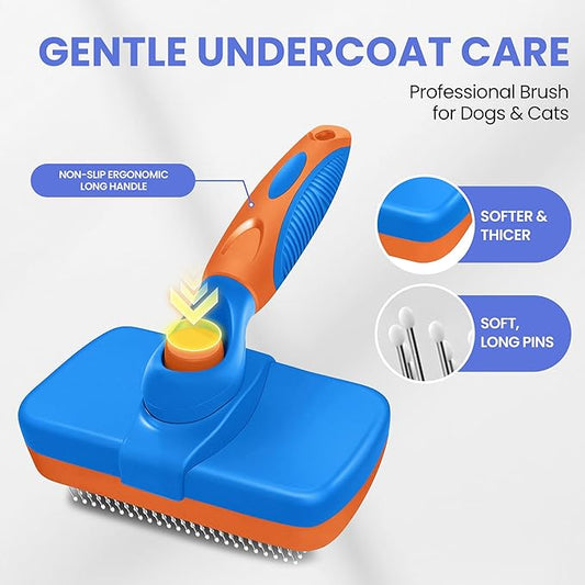 Self Cleaning Shedding Brush - 5-in-1 Professional Pet Grooming Kit Skin Friendly Grooming Tool for Dogs, Cats, and Puppies, Deshedding and Hair Removal for Long and Short Haired Pets,(Blue-Orange)