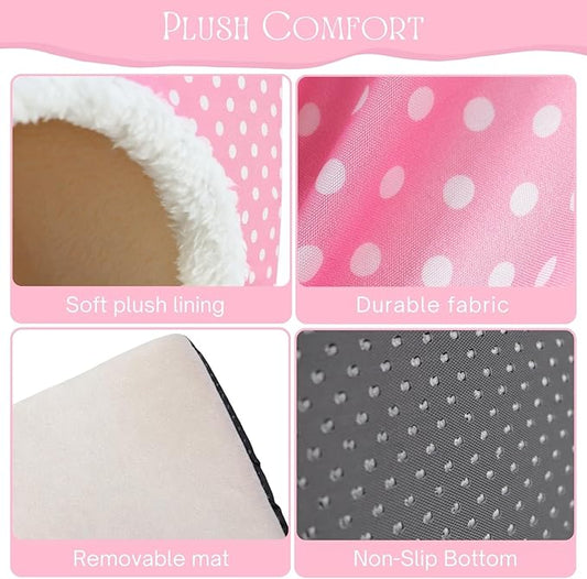 Guinea Pig Hideout and Play Tunnel Set, Washable Fleece Bed for Dwarf Rabbits, Bunnies, Chinchillas, Small Animal Toys - Pink Dot