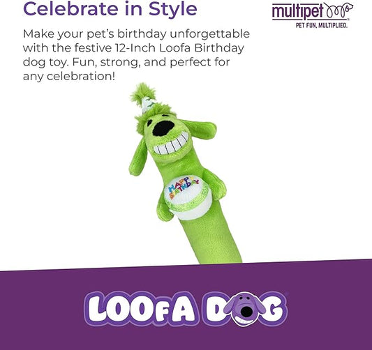 Multipet Loofa Dog Plush Toy w/ Birthday Hat - Squeaky Dog Toy for Dogs - Soft Plush - Stuffed Animal Dog Toys for Playing (1 Count, 12”, Random Color Surprise)