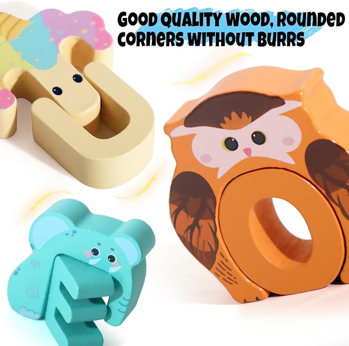 52 Pieces Matching Game, Wooden Alphabet Animal Puzzles for Toddlers, ABC Peg Puzzles for Kids Ages 3-5, Preschool Learning Activities Toys