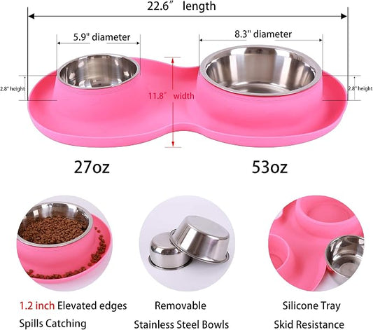 100% Waterproof BPA Free Pet Dog Bowls2 Stainless Steel(53oz+27oz) with 1.35“ Raised Edge Silicone Mat + Slow Feed Dog Water and Food Bowls for Feeding Large Dogs Cats Puppies (Pink)