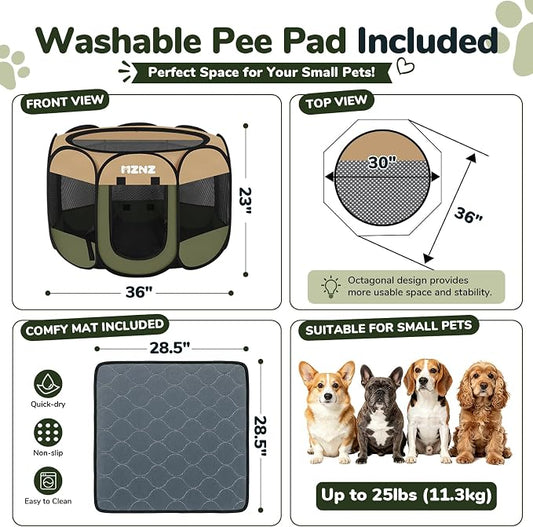 Dog Cat Playpen with Pee Pad, Portable Puppy Pet Crate Indoors for Small/Medium Dogs Cats Rabbits, Foldable Dog Cage Enclosure for Outdoor, Pop Up Dogs Tent Kennel with Carrying Case, Olive Green