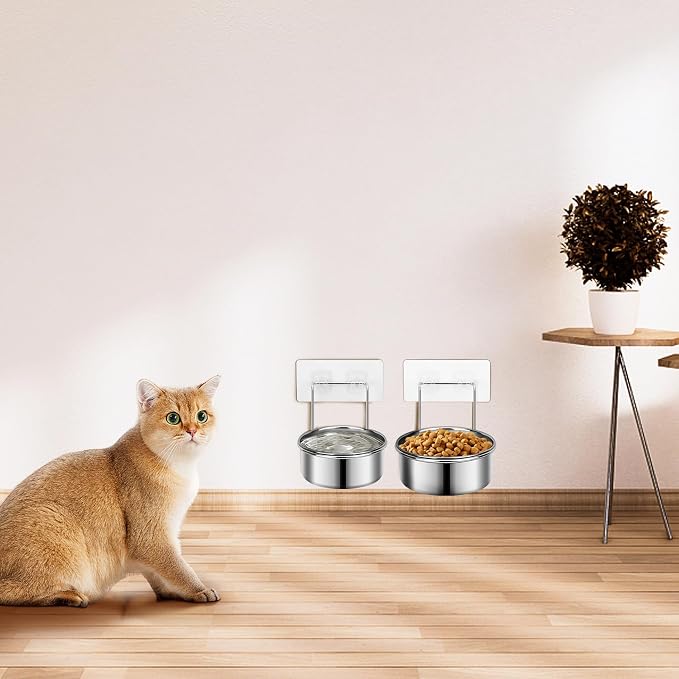 2 Pcs Small Wall Mounted Cat Bowls, Elevated Hanging Puppy Food and Water Bowls Stainless Steel Non-Spill Kitten Feeding Dish with Wall Mounted Hook for Small Pets (M (5.5x2.1'' & 4.7x2''))