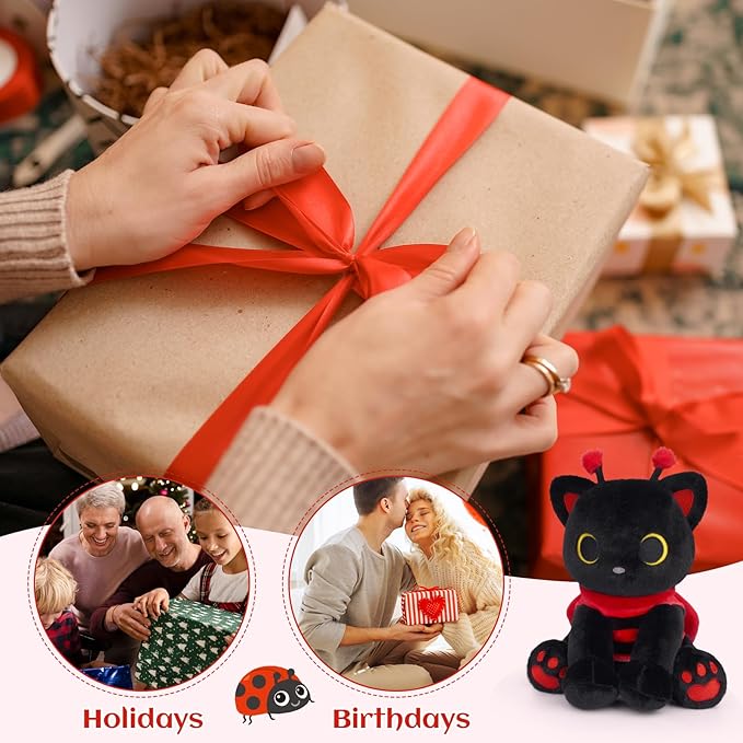 Black Cat Plush with Removable Ladybug Costume, 8inch Black Cat Stuffed Animal with Big Eyes Cute Soft Huggable Toy for Boys Girls,Toddlers Insect-Themed Room Decor Birthday Gifts
