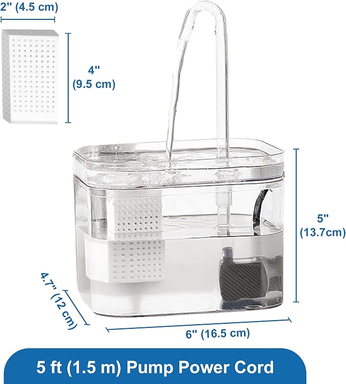 SunGrow Automatic Flowing Hydration with Filter, Silent USB Pump Cat Water Fountain, Transparent Feeder Bowl for Indoor Felines, Ferrets, and Small Animals (6" x 5" x 5")