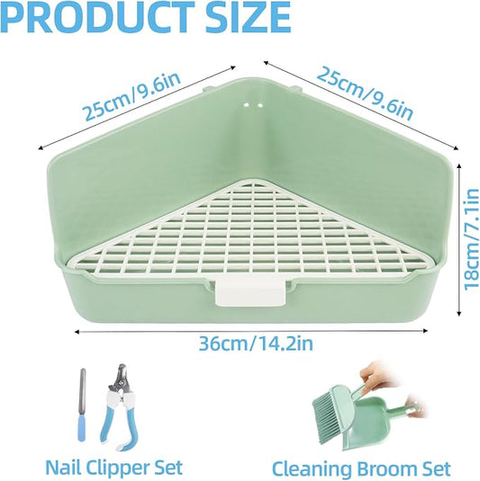 Large Rabbit Litter Box 10" x 10" x 7" with Broom & Grooming Kit, Low-Entry Corner Toilet Pan for Potty Training Rabbits Bunny Guinea Pigs Ferrets (Green)