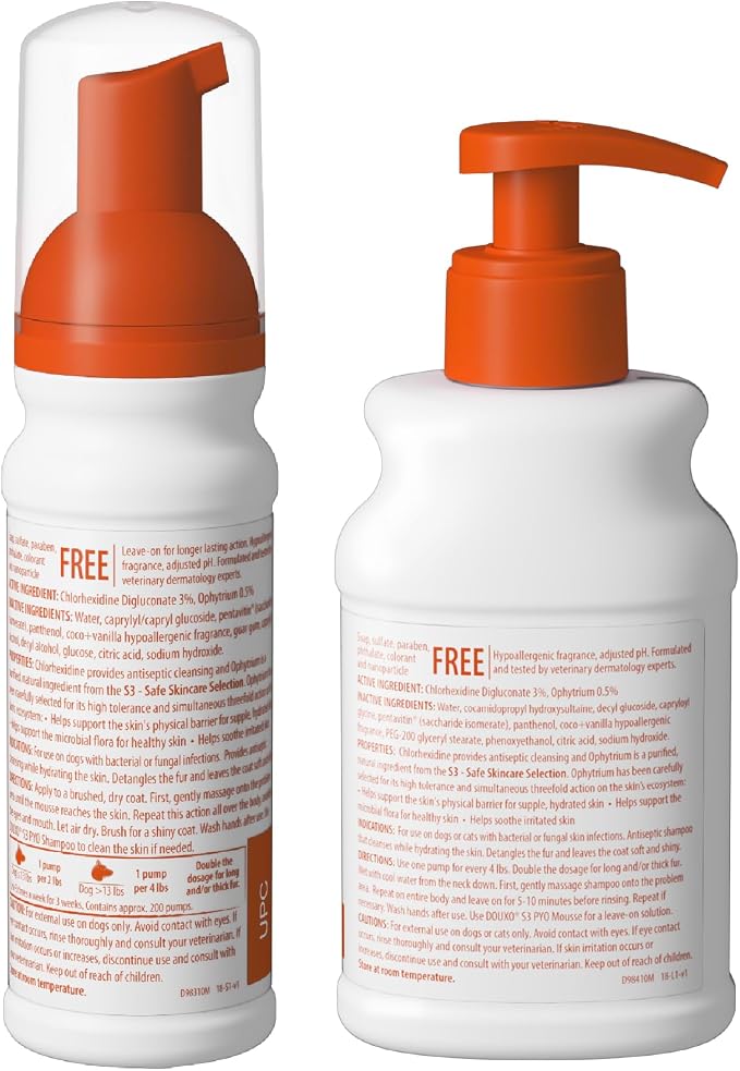 Douxo S3 PYO Chlorhexidine Shampoo (6.7 oz) & Mousse (5 fl oz) for Dogs Set, Antibacterial & Antiseptic Yeast Infection Treatment for Dogs, Clinically Proven
