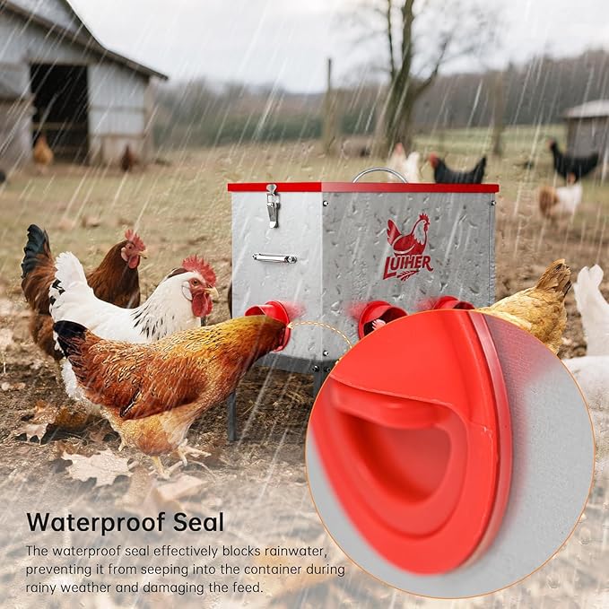 LUIHER Chicken Food Dispenser 40lb 6 Ports Large Capacity Galvanized Metal Poultry Feeder with Legs and Lids - Reduces Refilling Frequency - No Waste Chicken Feeding Equipment for Hen Coop