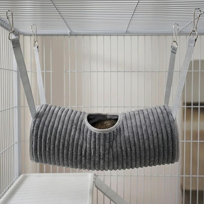 Hanging Ferret Tunnel Hammock, Warm Plush Dwarf Hamster Hideout Bed with Metal Hooks, Washable & Foldable for Hedgehog (Purple)