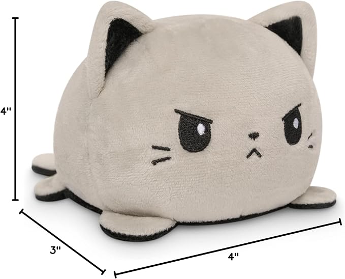 TeeTurtle Reversible Cat Plushie 4-Inch Gray + Black Two-Sided Flip Plush Toy with Embroidered Details - Cute Mini Collectible Plush for Kids, Teens, and Adults
