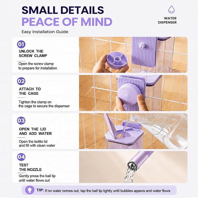 No-Drip Small Animal Water Bottle, 47OZ Large Capacity Leakproof Hanging Pet Water Dispenser for Cage Crate, Water Feeder for Guinea Pig, Hamster, Rabbit, Ferret, Chinchilla (Purple)
