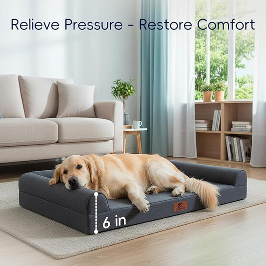Sytopia 42 Inch Indestructible Orthopedic Sofa Dog Bed for Extra Large Dogs, Chew Proof Waterproof Foam Pet Couch Bed with Sides, Egg Crate Foam, Removable Washable Cover, Dark Grey